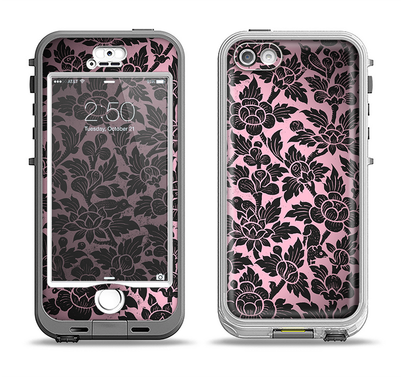 The Black & Pink Floral Design Pattern V2 Apple iPhone 5-5s LifeProof Nuud Case Skin Set