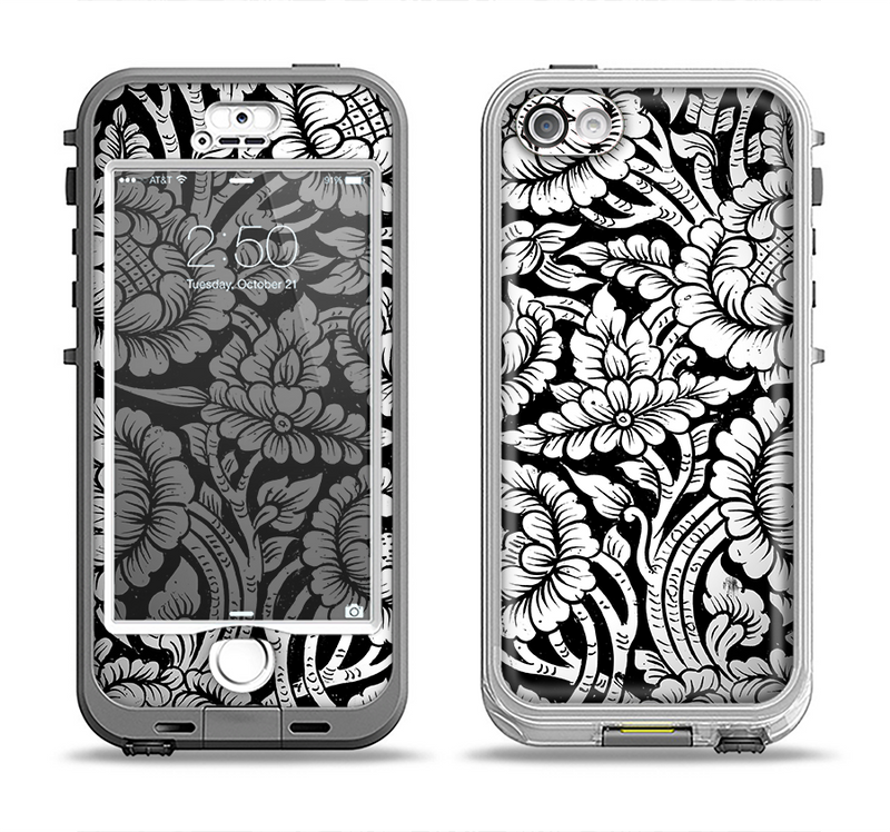 The Black & White Mirrored Floral Pattern V2 Apple iPhone 5-5s LifeProof Nuud Case Skin Set