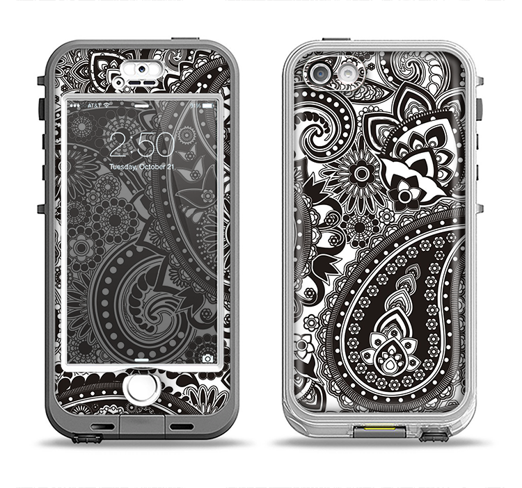 The Black & White Paisley Pattern V1 Apple iPhone 5-5s LifeProof Nuud Case Skin Set