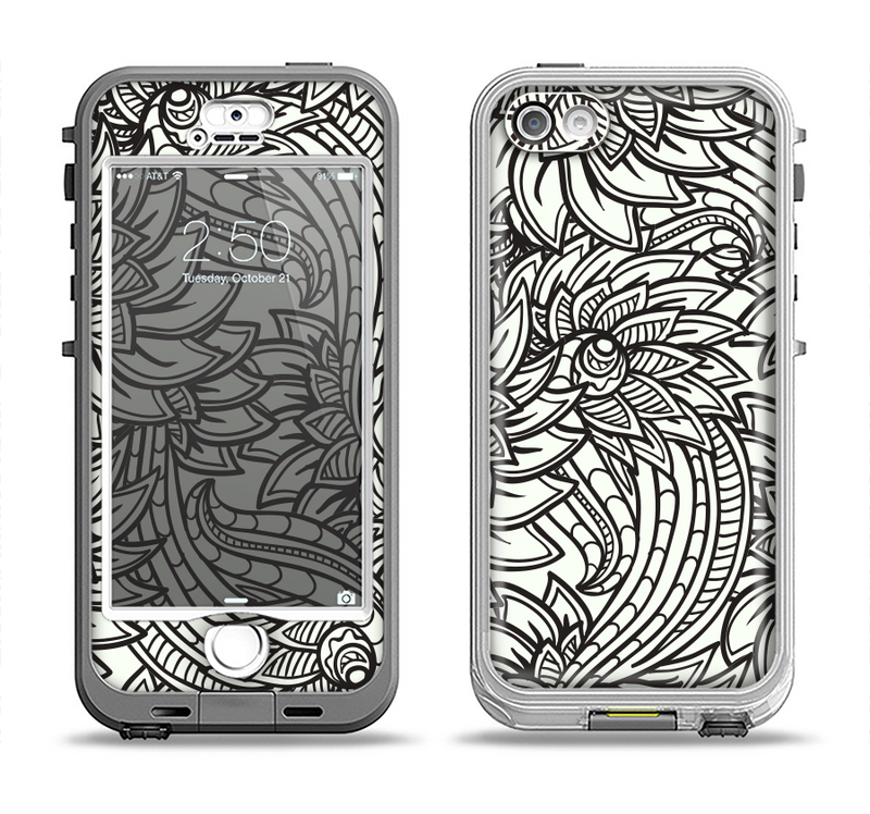 The Black & White Vector Floral Connect Apple iPhone 5-5s LifeProof Nuud Case Skin Set