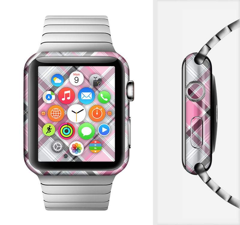 The Black and Pink Layered Plaid V5 Full-Body Skin Set for the Apple Watch