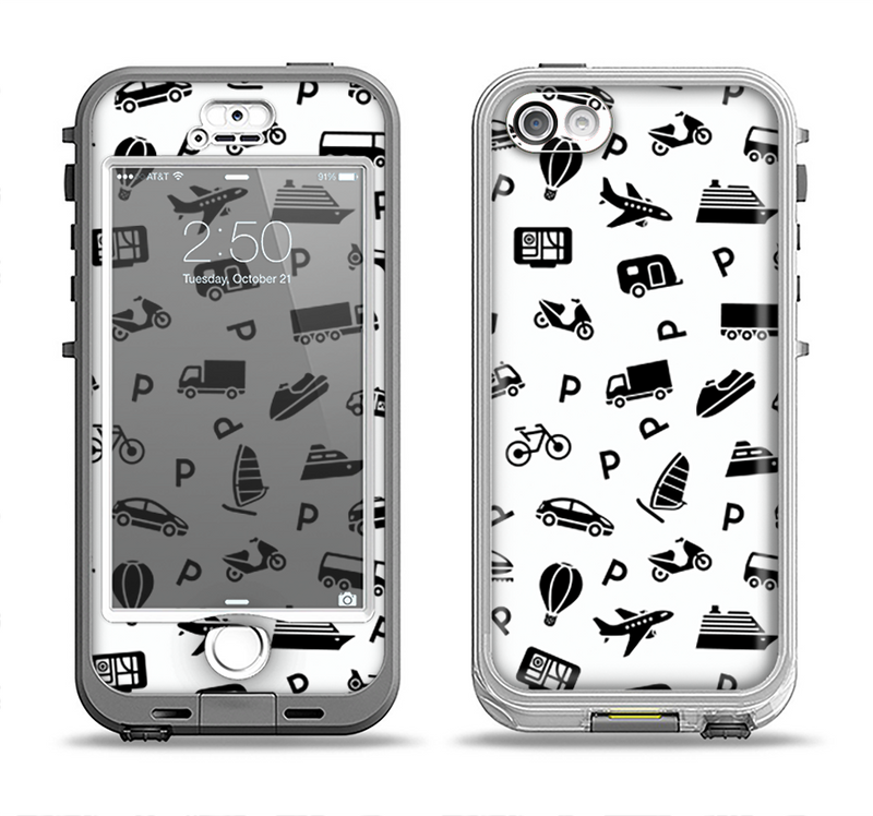 The Black and White Travel Collage Pattern Apple iPhone 5-5s LifeProof Nuud Case Skin Set
