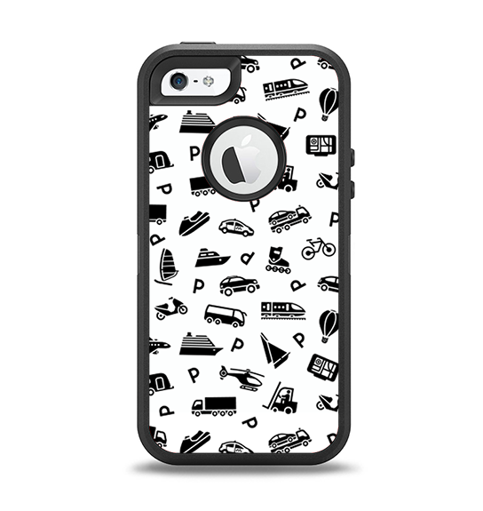 The Black and White Travel Collage Pattern Apple iPhone 5-5s Otterbox Defender Case Skin Set
