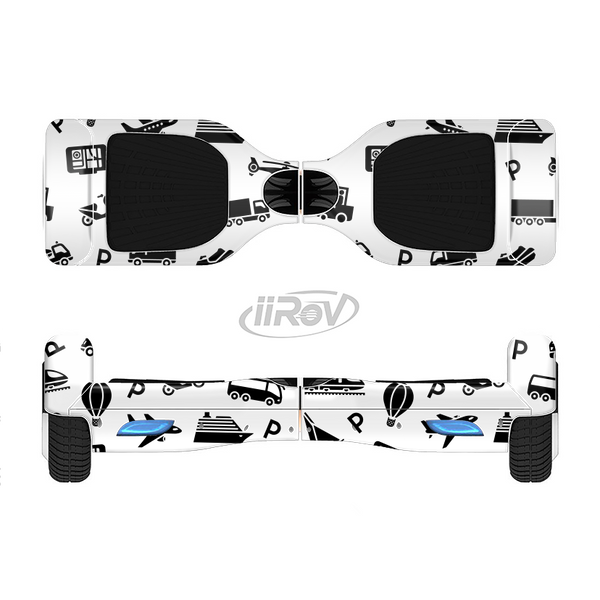 The Black and White Travel Collage Pattern Full-Body Skin Set for the Smart Drifting SuperCharged iiRov HoverBoard