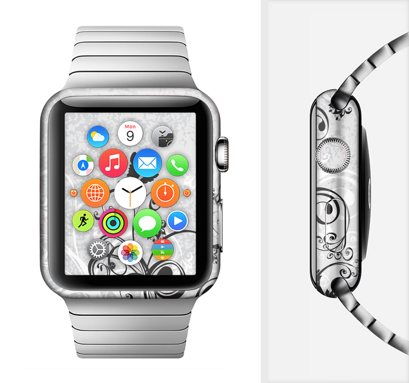 The Black and White Vector Butterfly Floral Full-Body Skin Set for the Apple Watch