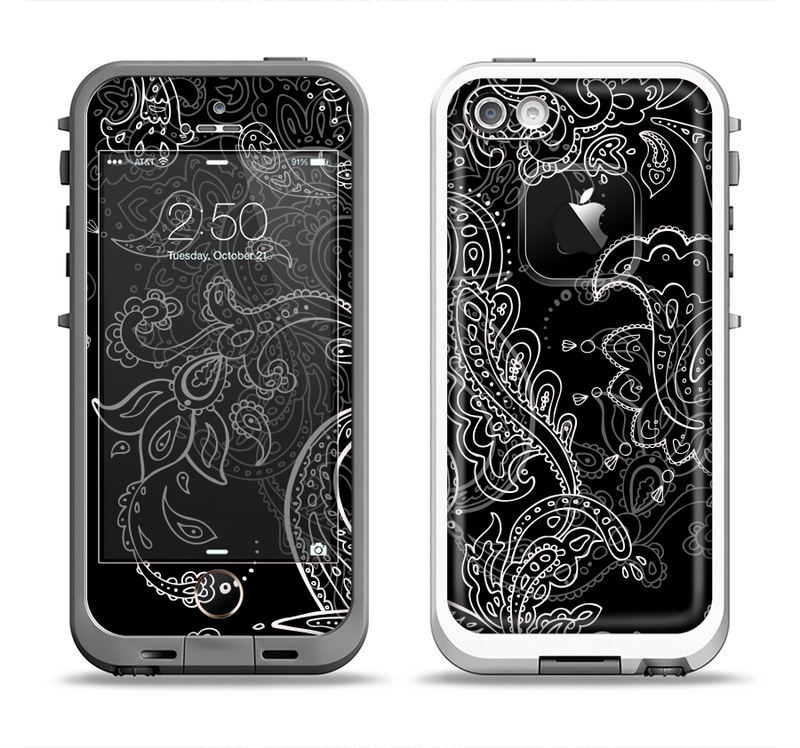 The Black with Thin White Paisley Pattern Apple iPhone 5-5s LifeProof Fre Case Skin Set