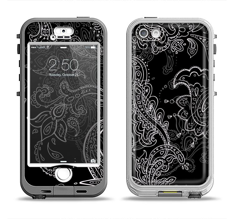 The Black with Thin White Paisley Pattern Apple iPhone 5-5s LifeProof Nuud Case Skin Set