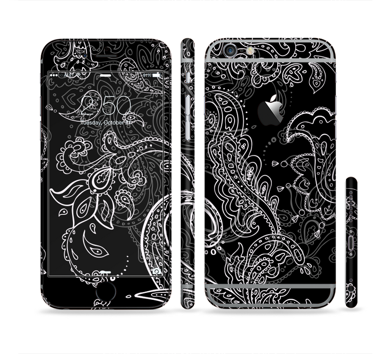 The Black with Thin White Paisley Pattern Sectioned Skin Series for the Apple iPhone 6/6s Plus
