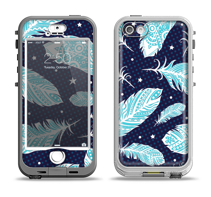 The Blue Aztec Feathers and Stars Apple iPhone 5-5s LifeProof Nuud Case Skin Set