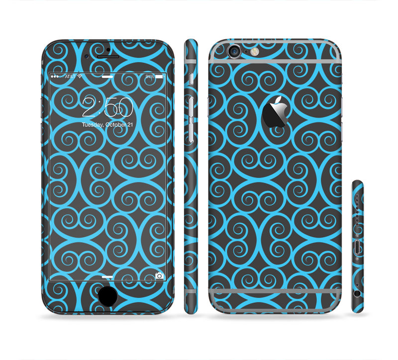 The Blue & Black Spirals Pattern Sectioned Skin Series for the Apple iPhone 6/6s Plus