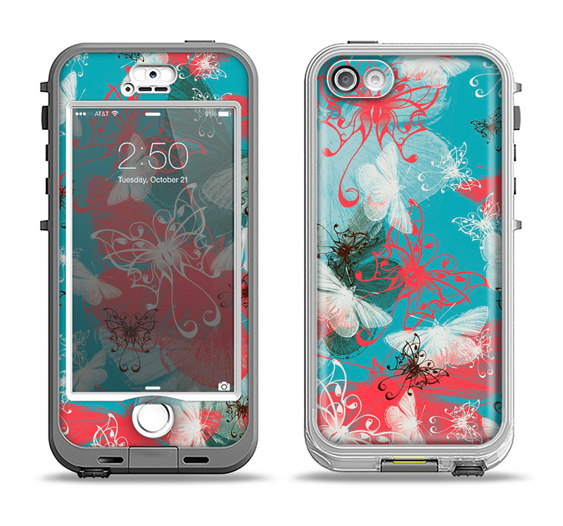 The Blue & Coral Abstract Butterfly Sprout Apple iPhone 5-5s LifeProof Nuud Case Skin Set