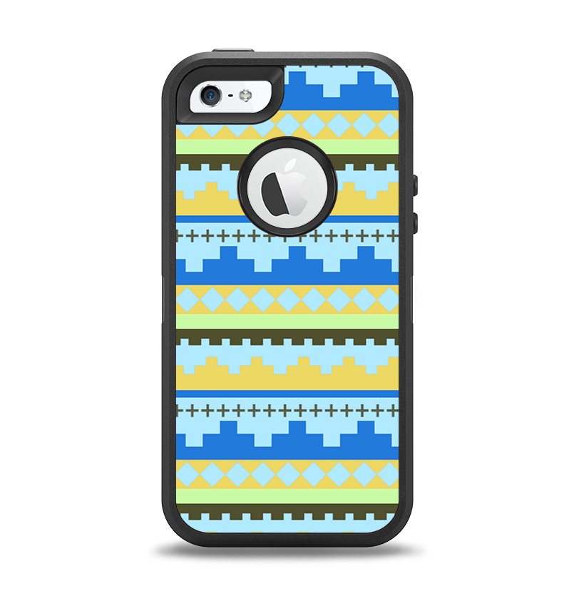 The Blue & Gold Tribal Ethic Geometric Pattern Apple iPhone 5-5s Otterbox Defender Case Skin Set