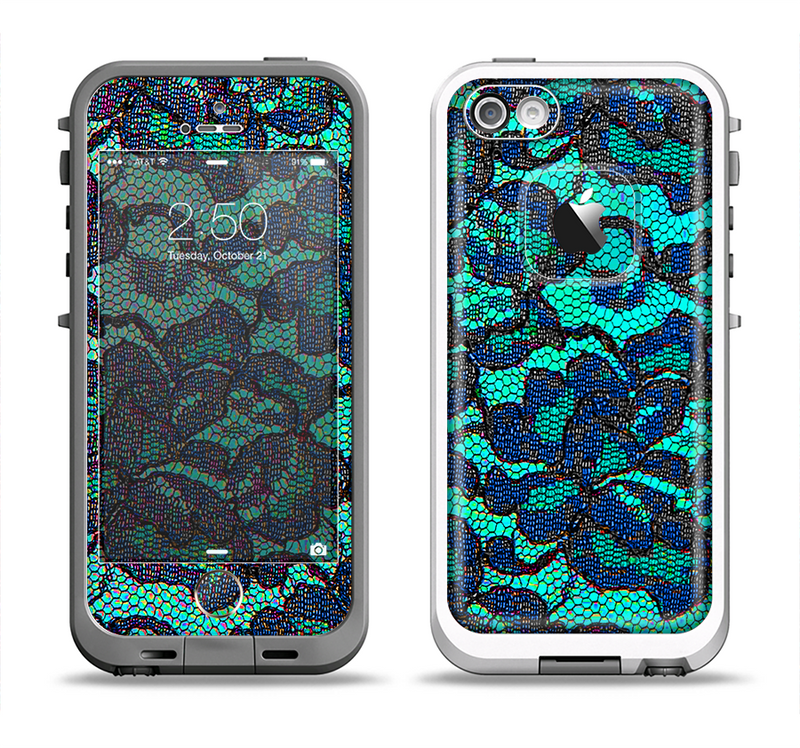 The Blue & Teal Lace Texture Apple iPhone 5-5s LifeProof Fre Case Skin Set