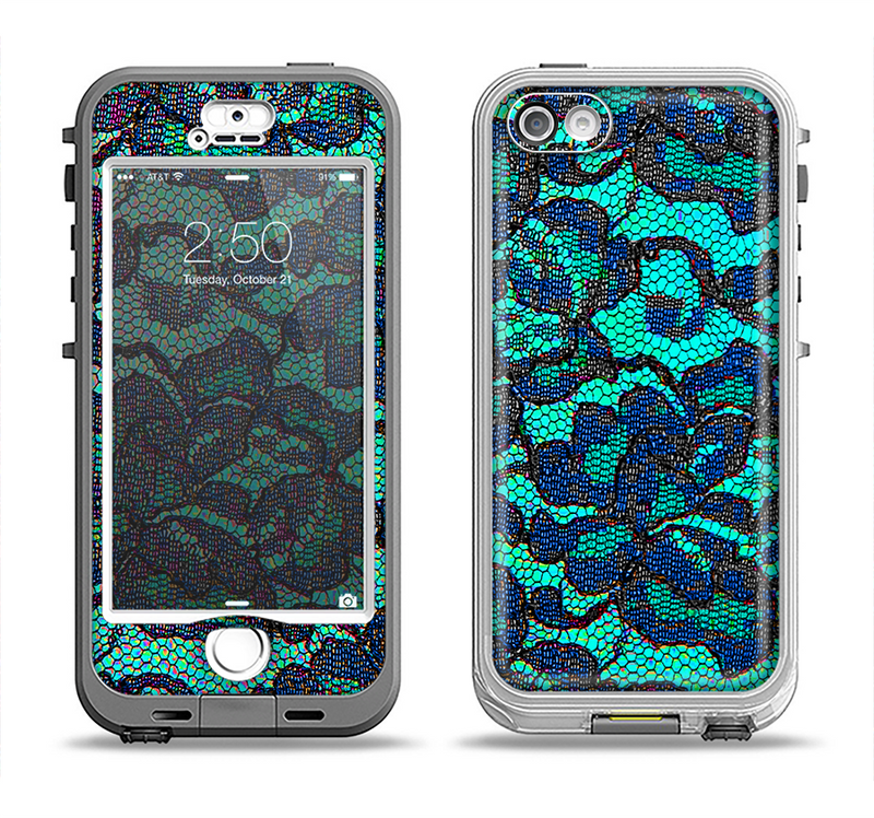 The Blue & Teal Lace Texture Apple iPhone 5-5s LifeProof Nuud Case Skin Set