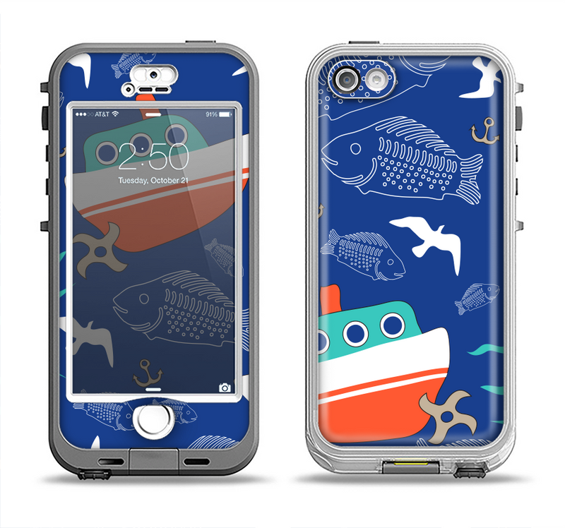 The Blue Vector Fish and Boat Pattern Apple iPhone 5-5s LifeProof Nuud Case Skin Set
