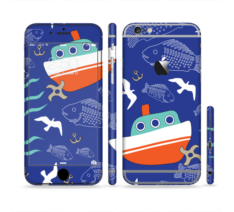 The Blue Vector Fish and Boat Pattern Sectioned Skin Series for the Apple iPhone 6/6s