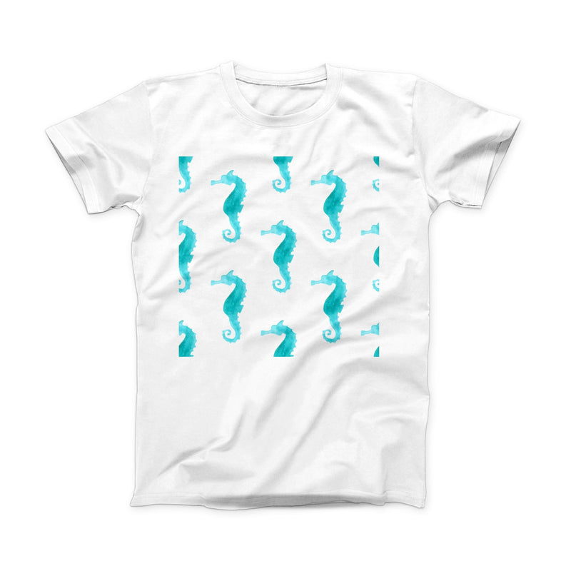 The Blue Watercolor Seahorses ink-Fuzed Front Spot Graphic Unisex Soft-Fitted Tee Shirt