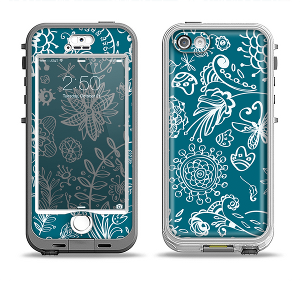 The Blue & White Floral Sketched Lace Patterns v21 Apple iPhone 5-5s LifeProof Nuud Case Skin Set