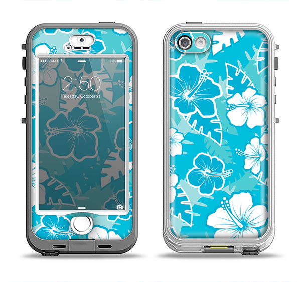 The Blue & White Hawaiian Floral Pattern V4 Apple iPhone 5-5s LifeProof Nuud Case Skin Set