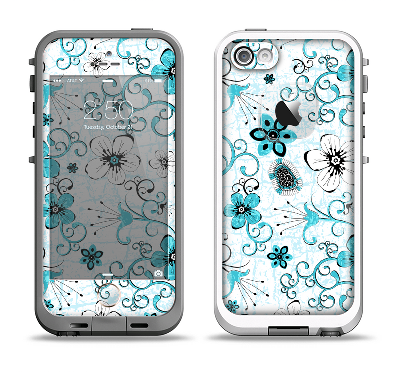 The Blue and White Floral Laced Pattern Apple iPhone 5-5s LifeProof Fre Case Skin Set