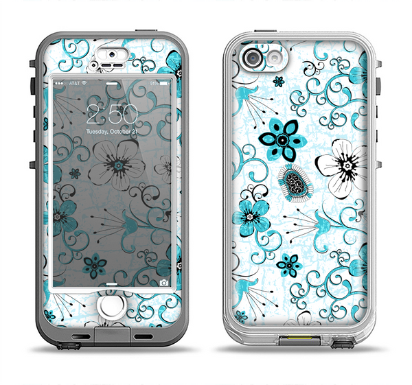 The Blue and White Floral Laced Pattern Apple iPhone 5-5s LifeProof Nuud Case Skin Set