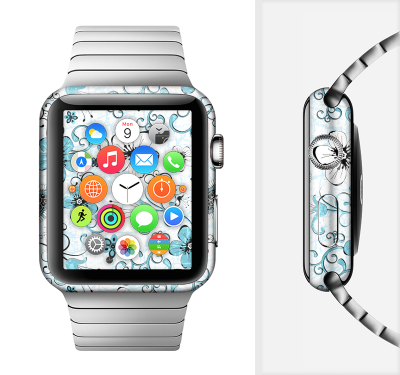 The Blue and White Floral Laced Pattern Full-Body Skin Set for the Apple Watch