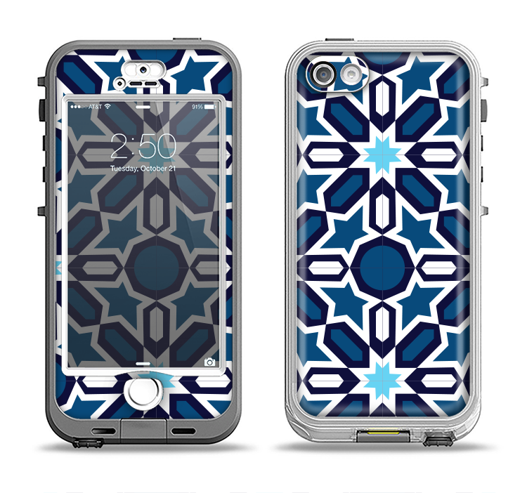 The Blue and White Mosaic Mirrored Pattern Apple iPhone 5-5s LifeProof Nuud Case Skin Set