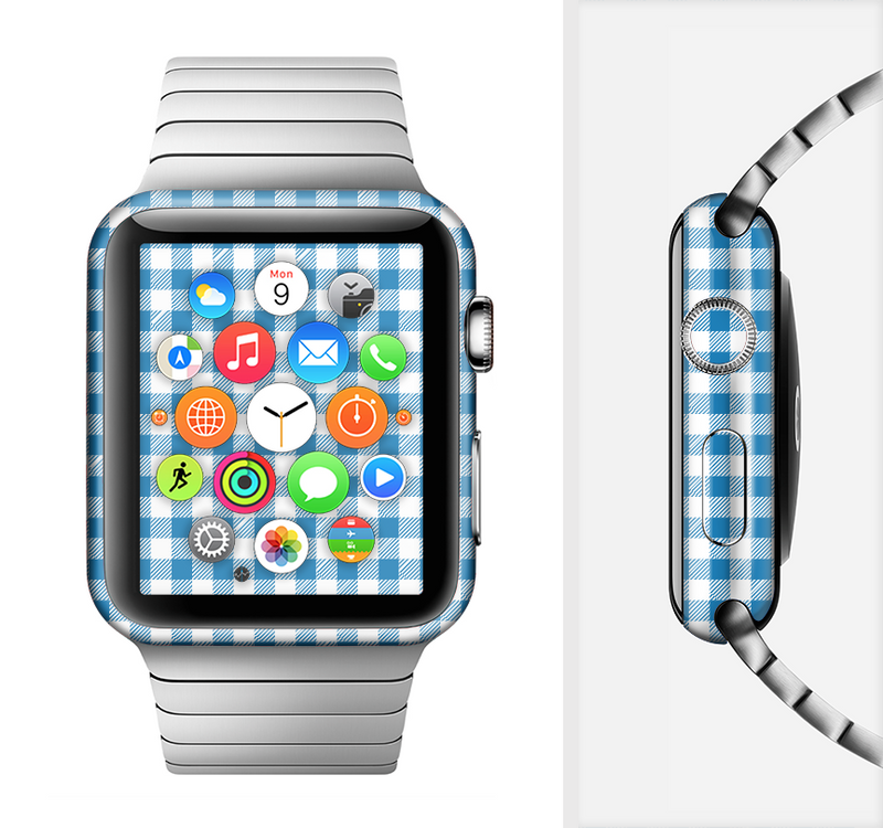 The Blue and White Woven Plaid Pattern Full-Body Skin Set for the Apple Watch