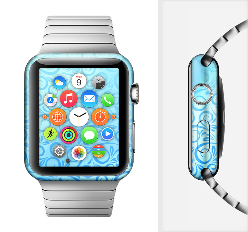The Bright Blue Vector Spiral Pattern Full-Body Skin Set for the Apple Watch