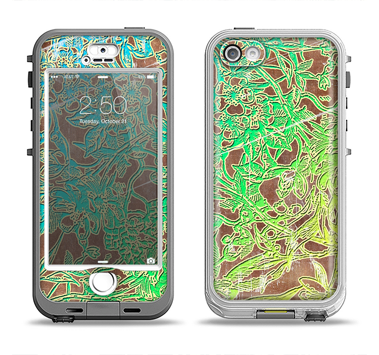 The Bright Green Floral Laced Apple iPhone 5-5s LifeProof Nuud Case Skin Set