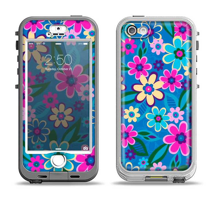 The Bright Pink & Blue Vector Floral Apple iPhone 5-5s LifeProof Nuud Case Skin Set