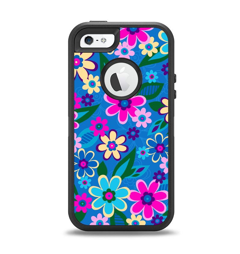 The Bright Pink & Blue Vector Floral Apple iPhone 5-5s Otterbox Defender Case Skin Set