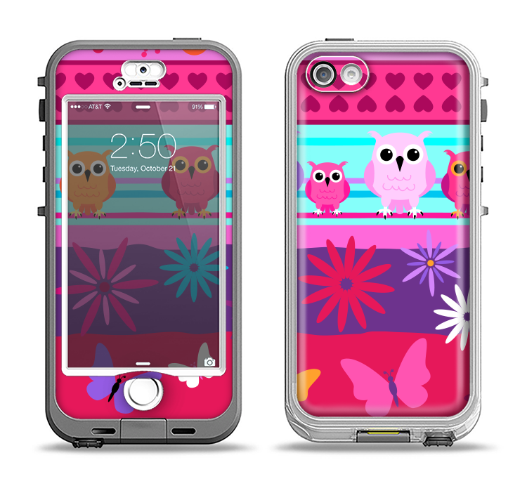 The Bright Pink Cartoon Owls with Flowers and Butterflies Apple iPhone 5-5s LifeProof Nuud Case Skin Set