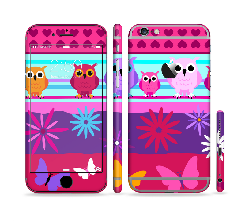 The Bright Pink Cartoon Owls with Flowers and Butterflies Sectioned Skin Series for the Apple iPhone 6/6s Plus