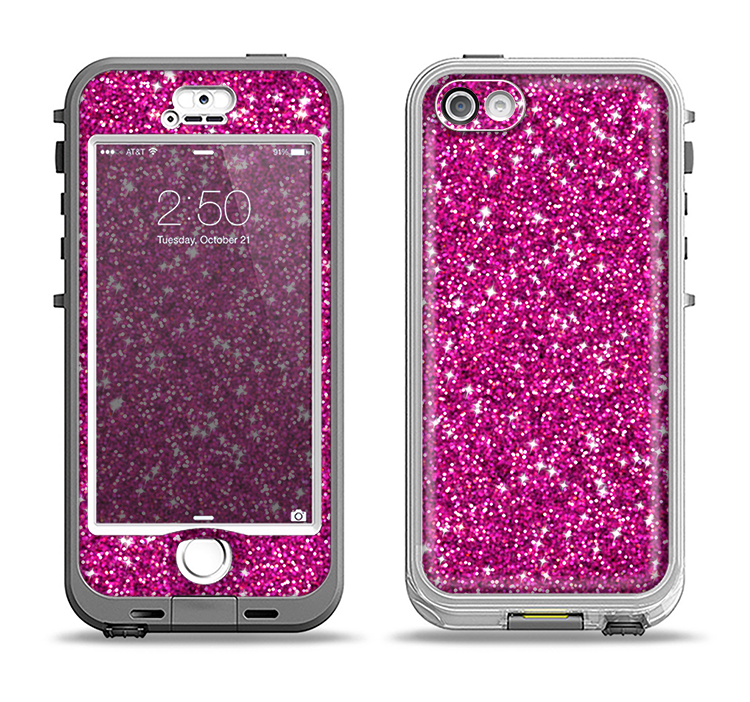 The Bright Pink Glitter Apple iPhone 5-5s LifeProof Nuud Case Skin Set