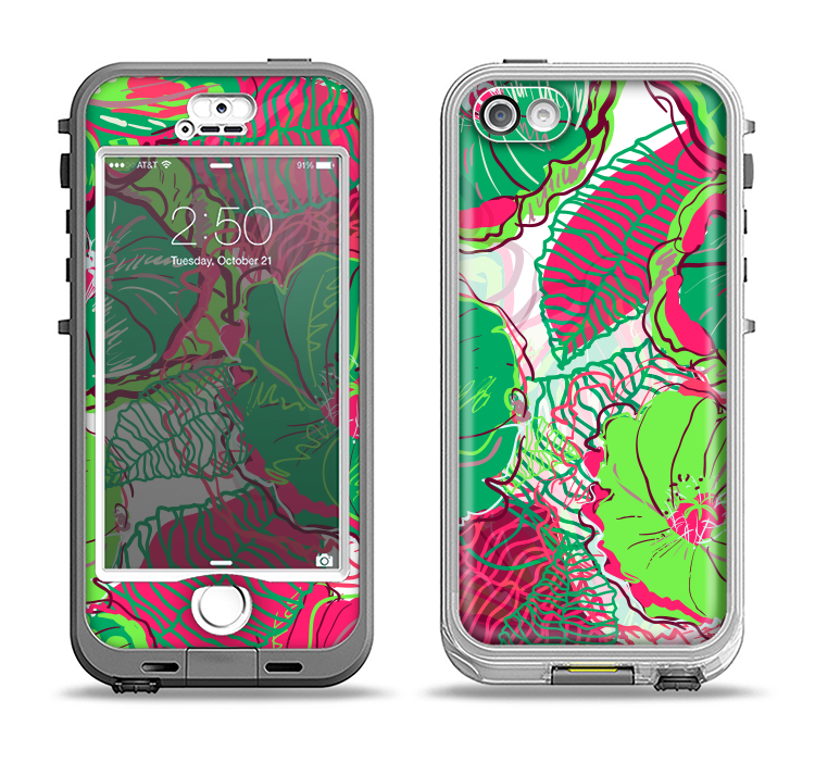 The Bright Pink and Green Flowers Apple iPhone 5-5s LifeProof Nuud Case Skin Set
