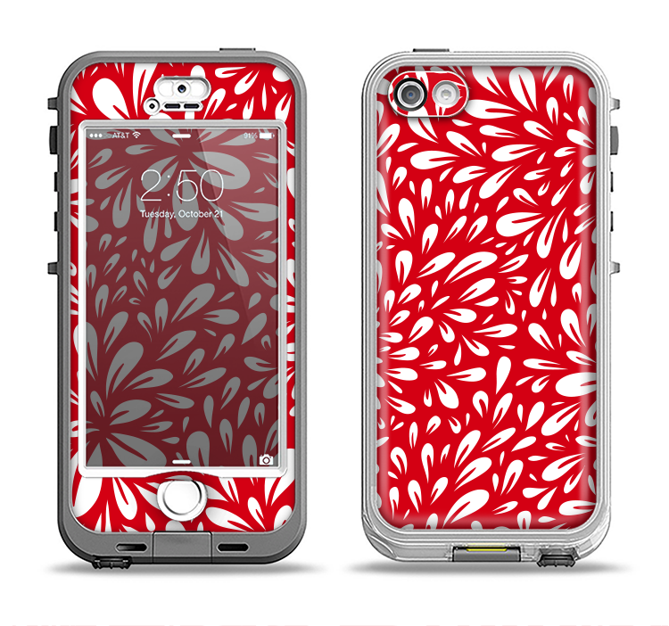The Bright Red and White Floral Sprout Apple iPhone 5-5s LifeProof Nuud Case Skin Set