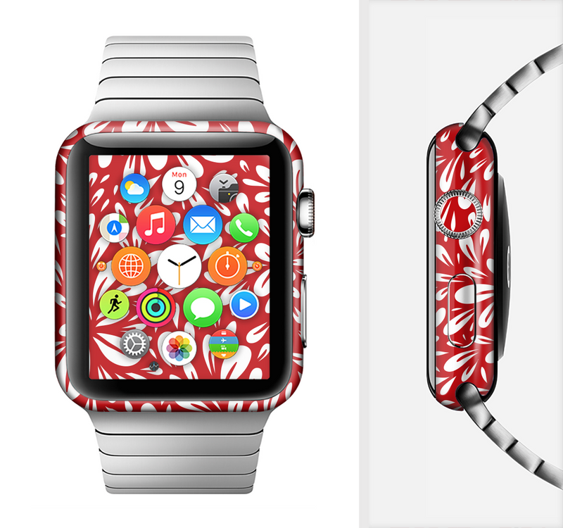 The Bright Red and White Floral Sprout Full-Body Skin Set for the Apple Watch