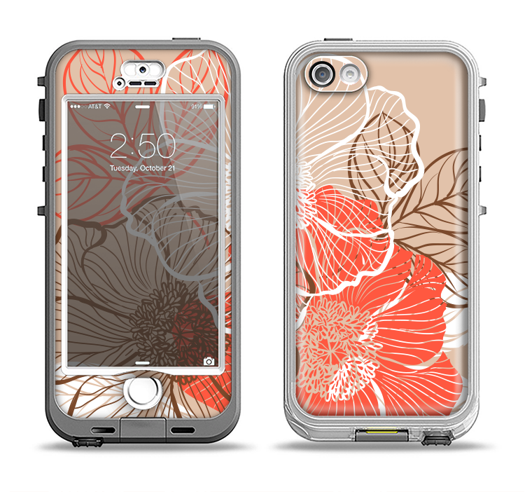 The Brown and Orange Transparent Flowers Apple iPhone 5-5s LifeProof Nuud Case Skin Set