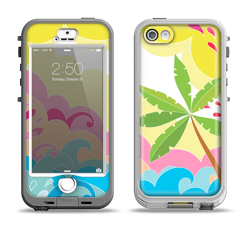 The Cartoon Bright Palm Tree Beach Apple iPhone 5-5s LifeProof Nuud Case Skin Set