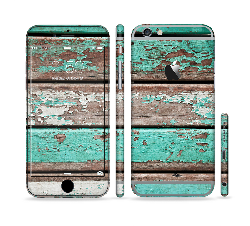 The Chipped Teal Paint On Wood Sectioned Skin Series for the Apple iPhone 6/6s Plus