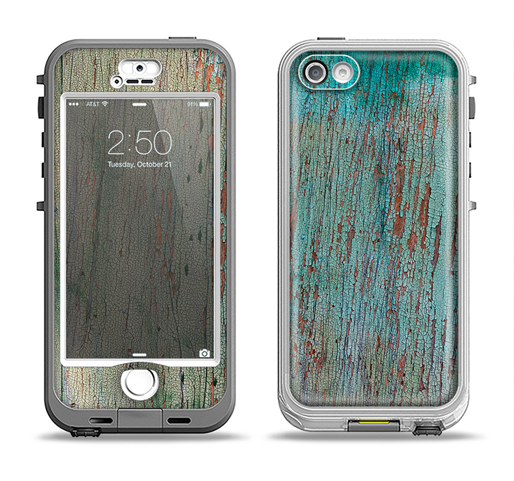 The Chipped Teal Paint on Aged Wood Apple iPhone 5-5s LifeProof Nuud Case Skin Set