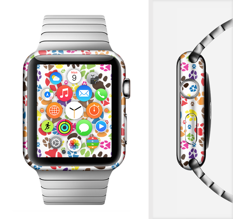The Colorful Scattered Paw Prints Full-Body Skin Set for the Apple Watch
