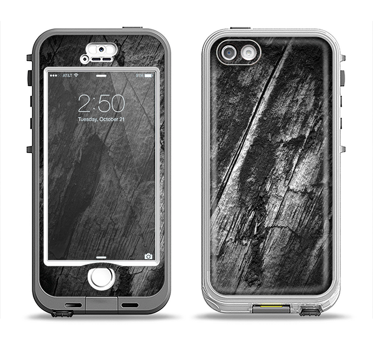 The Cracked Black Planks of Wood Apple iPhone 5-5s LifeProof Nuud Case Skin Set