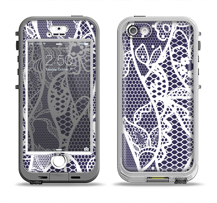 The Dark Blue & White Lace Design Apple iPhone 5-5s LifeProof Nuud Case Skin Set