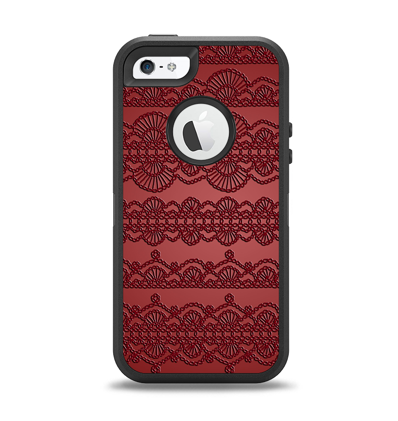 The Dark Red Highlighted Lace Pattern Apple iPhone 5-5s Otterbox Defender Case Skin Set