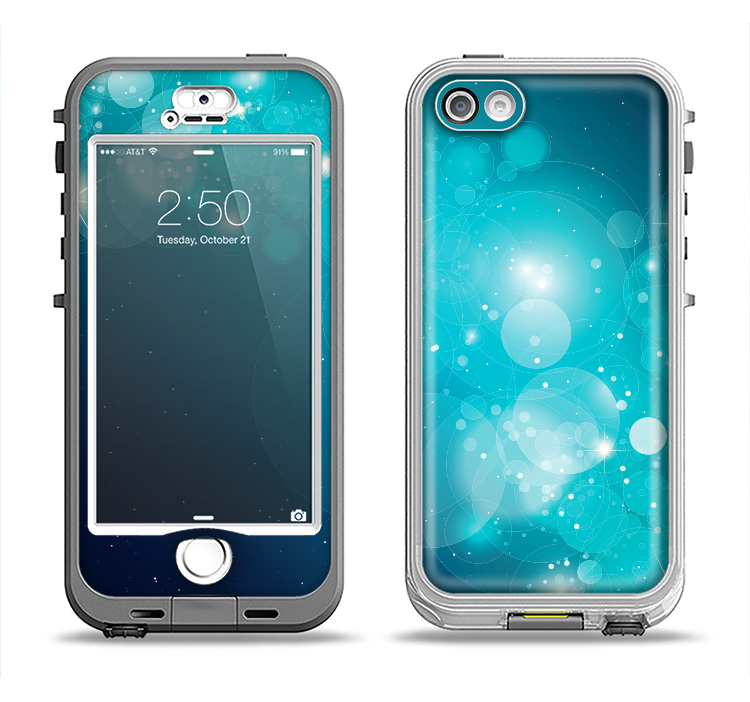 The Glowing Blue & Teal Translucent Circles Apple iPhone 5-5s LifeProof Nuud Case Skin Set