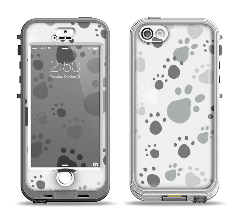 The Gray & White Large Paw Prints Apple iPhone 5-5s LifeProof Nuud Case Skin Set