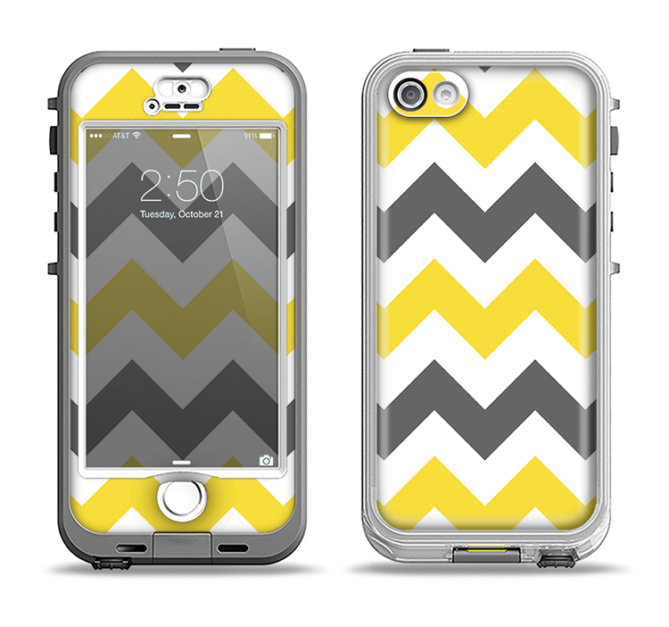 The Gray & Yellow Chevron Pattern Apple iPhone 5-5s LifeProof Nuud Case Skin Set