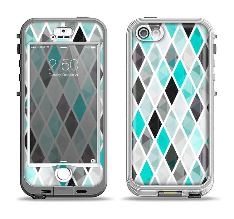 The Graytone Diamond Pattern with Teal Highlights Apple iPhone 5-5s LifeProof Nuud Case Skin Set